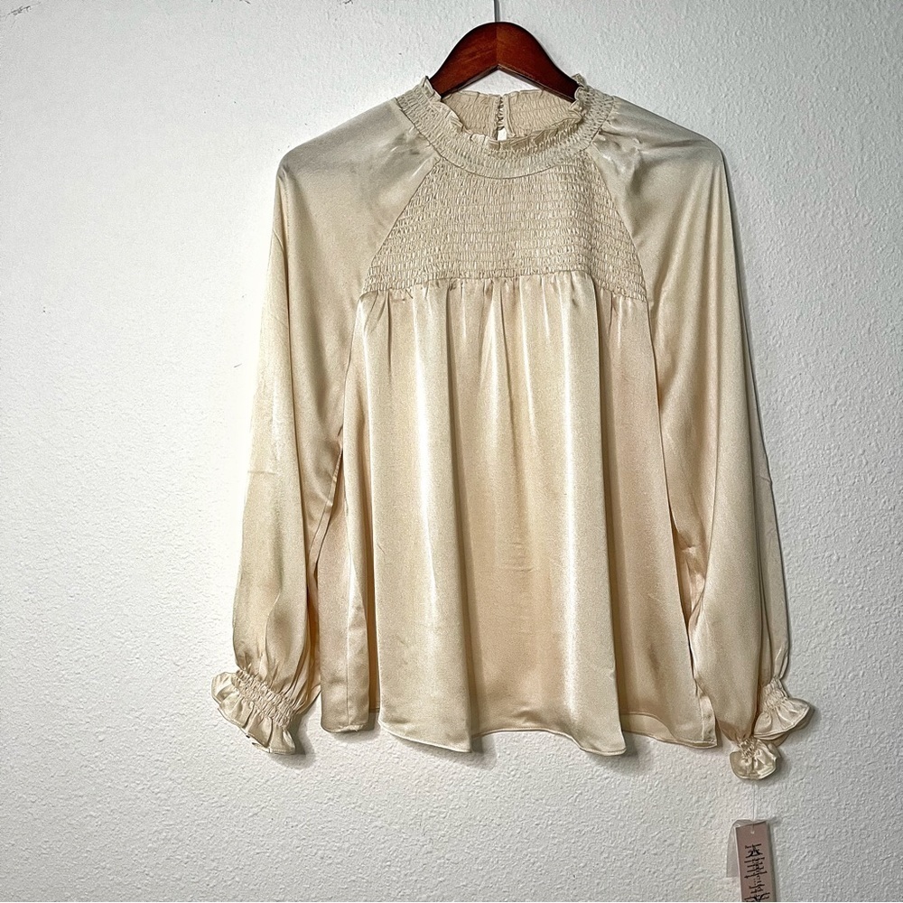 Nanette Lepore satin smocked neck and chest balloons sleeves beige XL NWT - Picture 2 of 13